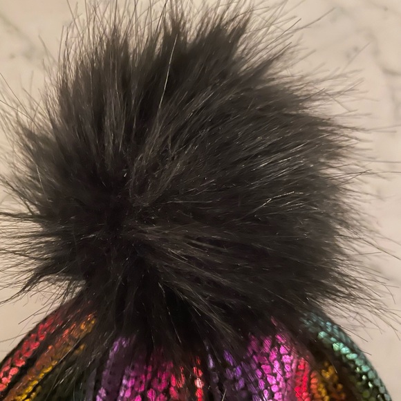 Unique Metallic Rainbow knit hat with faux fur pompom - Picture 2 of 5